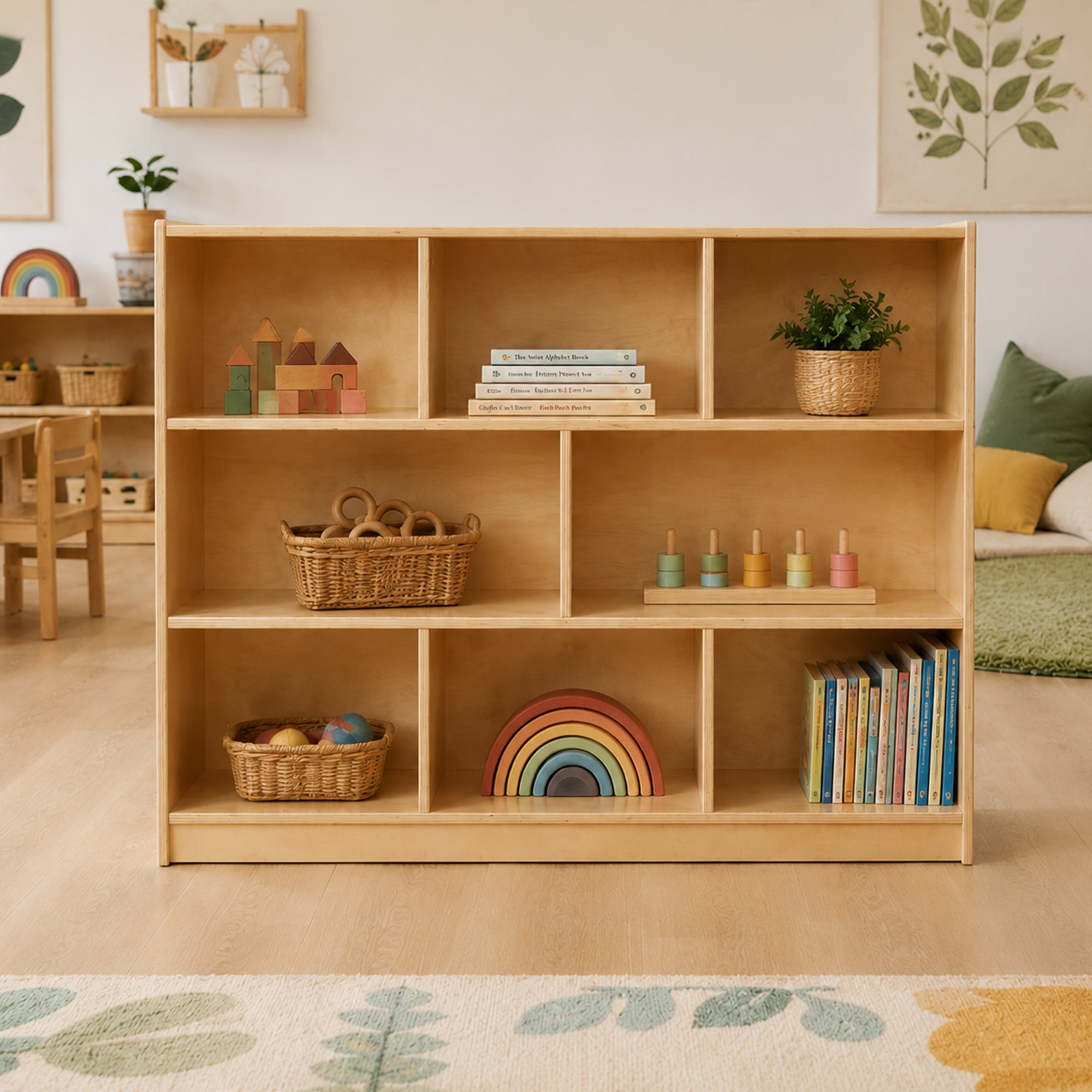GUIDEWILL Commercial-Grade Montessori 8-Cubby Storage Shelf Wooden Open Organizer Cabinet for Kids Books & Learning Materials Preschool Classroom Daycare Furniture