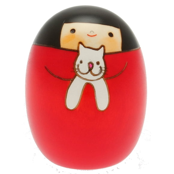 Muñeca Kokeshi Usaburo Sally y su gato hecha a mano en madera
