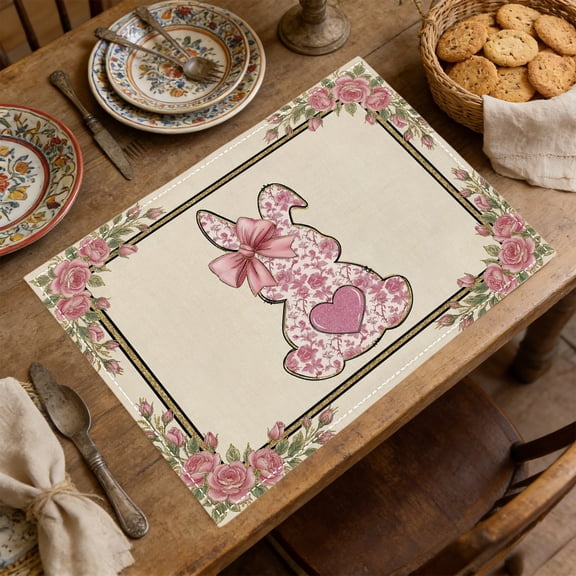 Wooowa Easter Watercolor Placemat, Flower Checkered Bunny Egg Mat, Durable Non Slip Table Mat, Home Kitchen Dining Table Decor, Easter Holiday Table Setting And Party Decoration