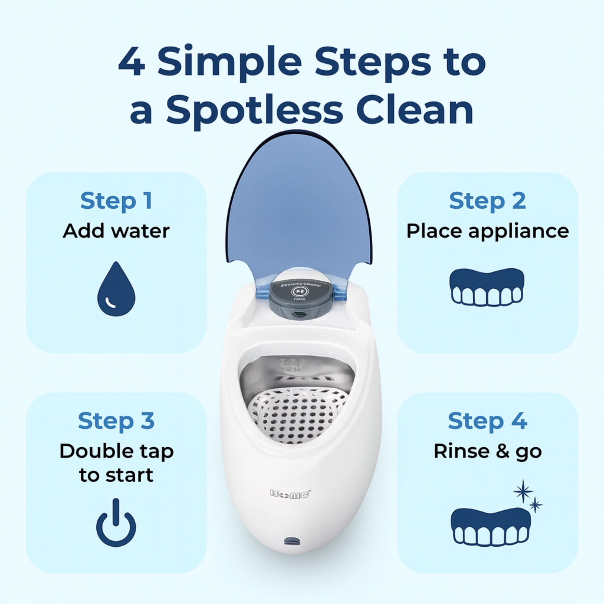iSonic F3900 Ultrasonic Denture and Retainer Cleaner, 42 Khz, Stainless Steel Tank, 0.2 L, White