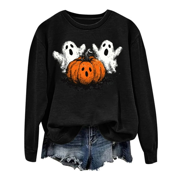 adviicd Halloween Pumpkin Sweatshirt forWomen: Cute Ghost Print Casual Fall Halloween Spooky Season Graphic Long Sleeve Tops （Black， XL）