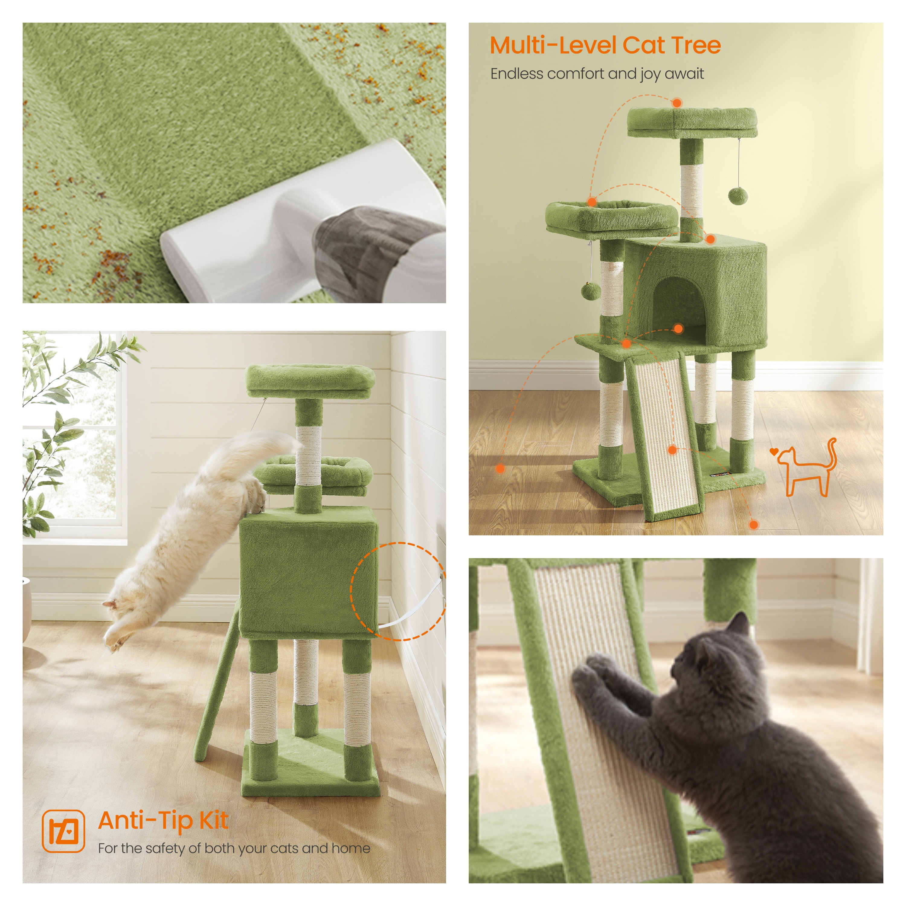 LEDREM Cat Tower, 45.3-Inch Indoor Cat Tree with Scratching Ramp, Perches, Spacious Cat Cave, Multi-Level Condo for Kittens, Adult Cats, Grass Green