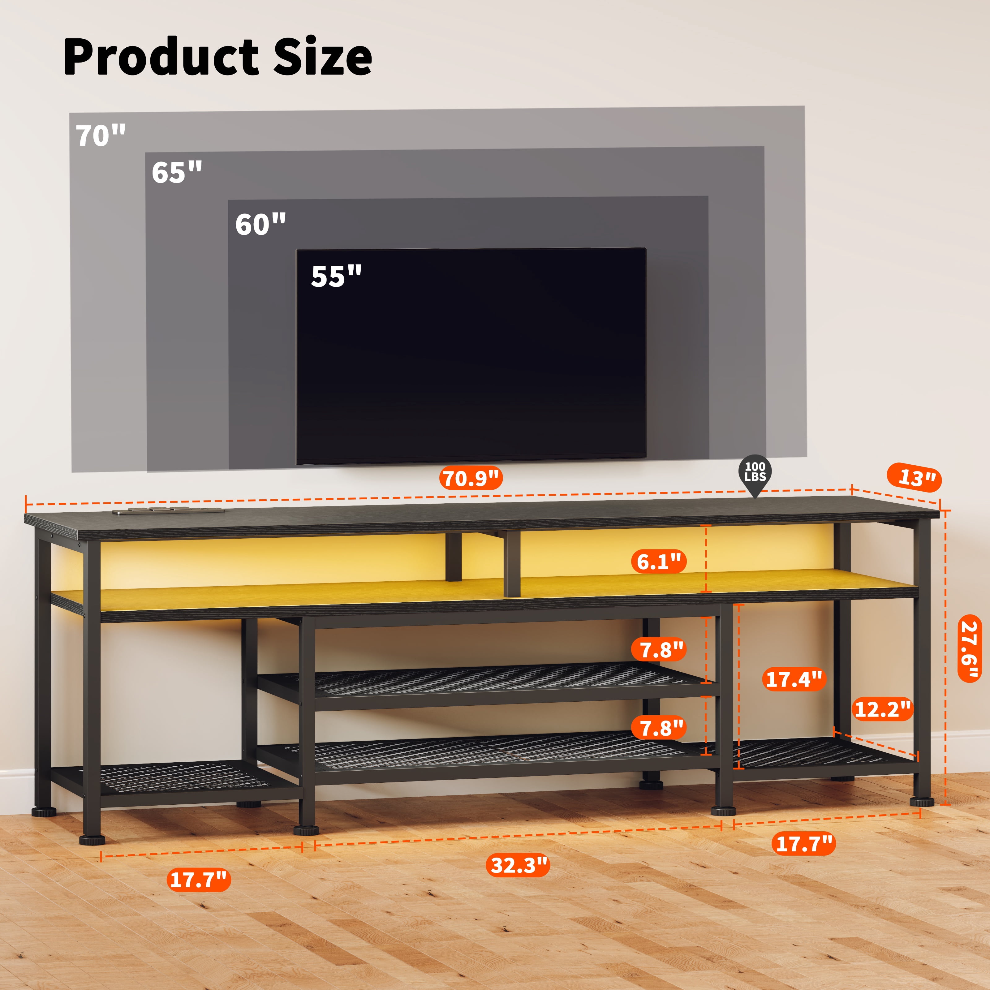 Tydimor Modern TV Stand for 75-80 inch TV, Media Console with Storage for Living Room, LED Entertainment Center with Outlets, Black