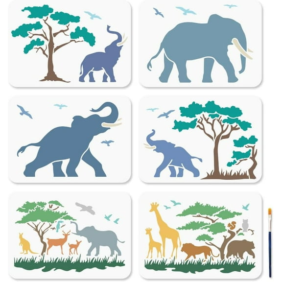 6Pcs Jungle Elephant Giraffe Stencils Tropical Forest Animals Templates 11.7x8.3inch Lion Deer Wildlife Stencils with Paint Brush for Craft on Window Wood Wall Home Decor