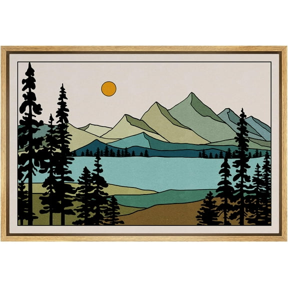 IDEA4WALL Framed Canvas Print Western Decor Full Sun Over Mountains Range & Lake Wall Art Nature Wilderness Landscape Traditional Artwork for Living Room, Bedroom, Office - Natural 24"x36"