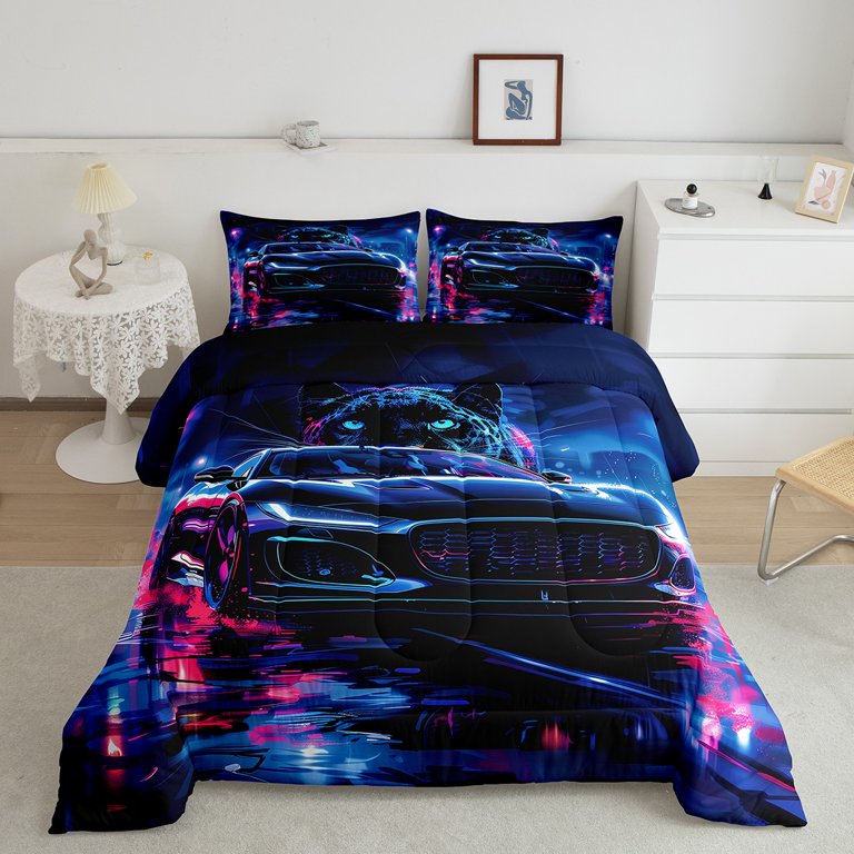 Teal Race Car Bedspread Set Queen Size - 3PC Kids Bedding With Car Design