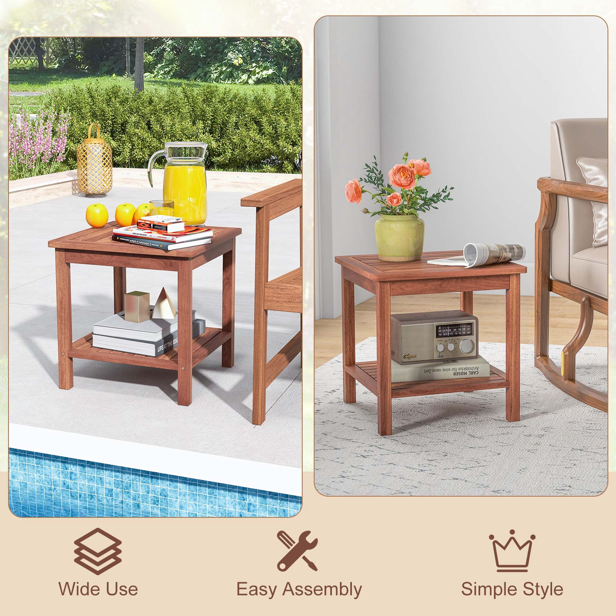 Costway Patio Acacia Wood Side Table 2-Tier Square End Table Porch Poolside Natural