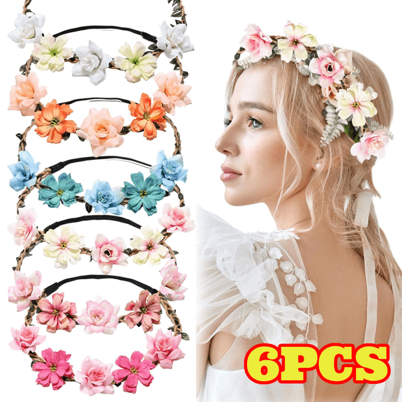 6pcs Flower Crowns for Women, Flower Headbands Hair Wreaths, Fairy Headpieces Accessories for Bridesmaids, Weddings, Tea Party, Festival