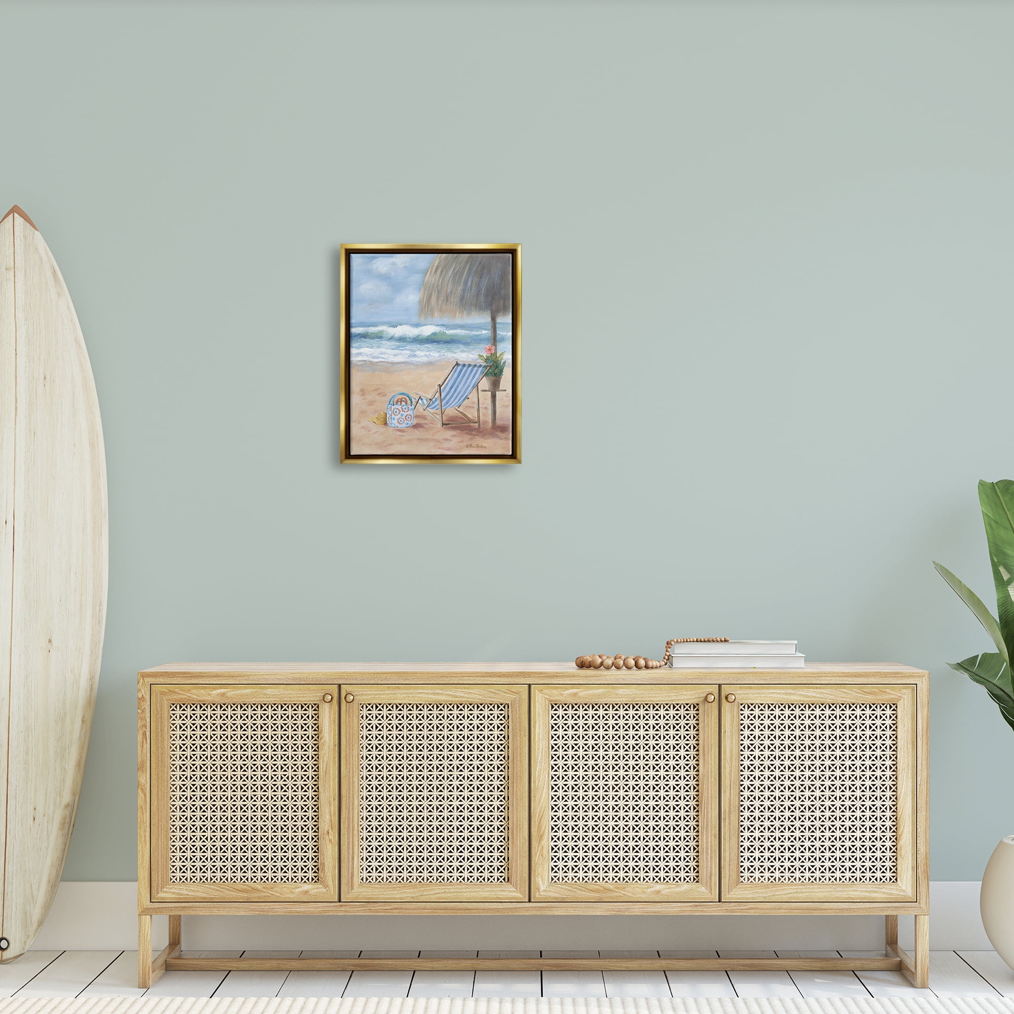 Stupell Beach Chair Tropical Relaxing Vacation Landscape Painting Gold Floater Framed Art Print Wall Art