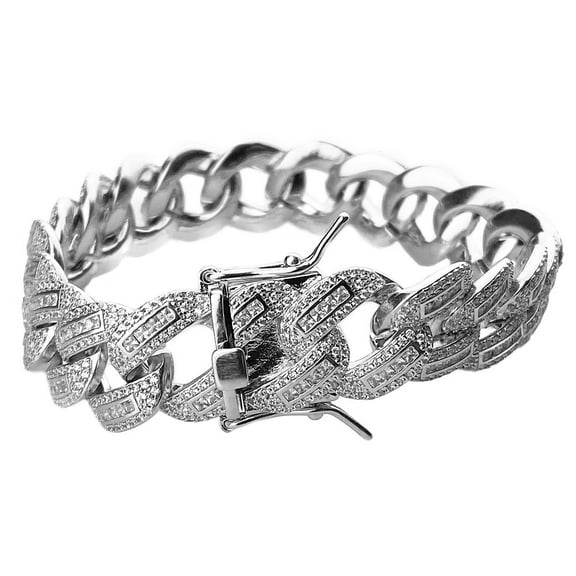 Men's 14k White Gold Plated Cuban Bracelet Iced Baguettes Micro Pave 8" in x 15MM Thick