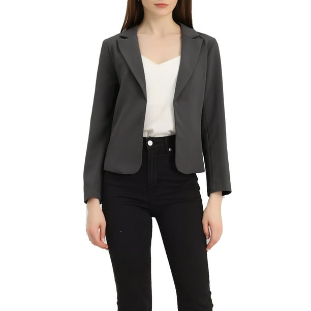 BLAZER CHIC para Mujeres Abierto Frontal Ropa de Trabajo Verano Chaqueta Corto Gris Oscuro-Sólido 2XL