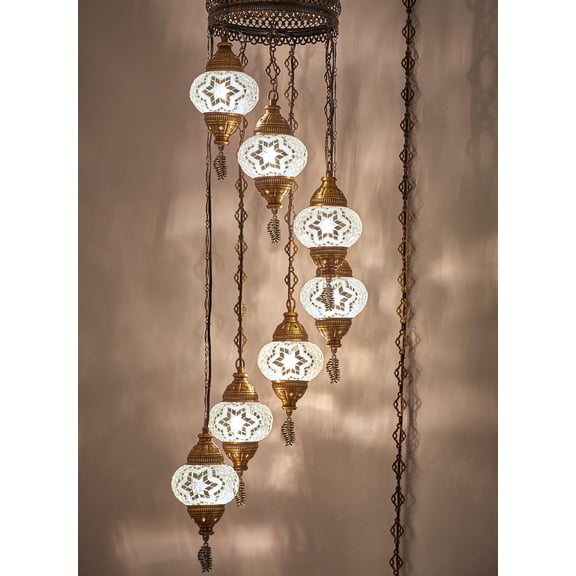 7 Globes Turkish Moroccan Mosaic Bohemian Tiffany Plug-in Chandelier, Swag Ceiling Hanging Lamp with 15ft Cord Chain, 50" Height, White-Clear, Ethereal White