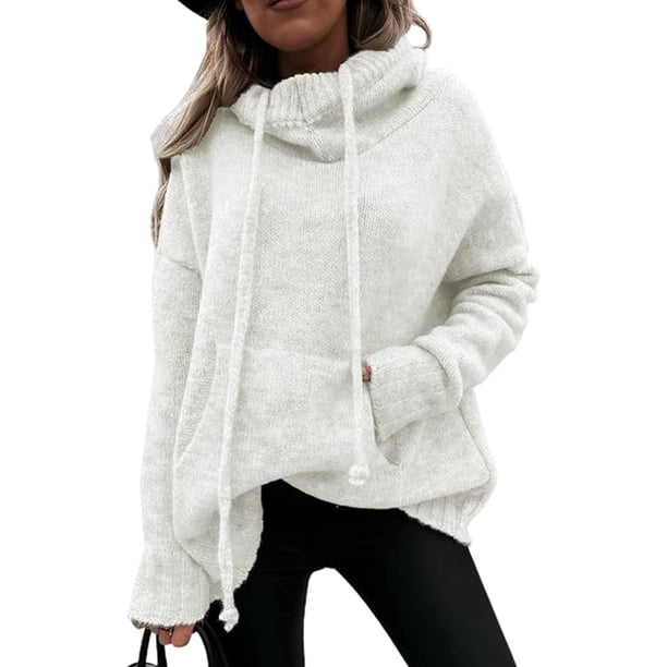 Sudadera con capucha para mujer, sudadera con capucha de manga larga, jersey de punto, jersey de cuello alto de gran tamaño para mujer, jersey de punto elegante para otoño e invierno (XL)