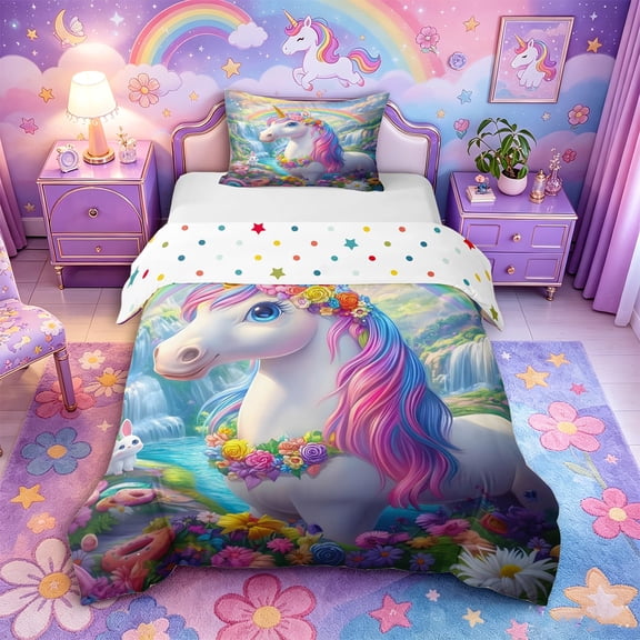 Metsweet Magical Floral Unicorn Twin Duvet Cover, Kawaii Rainbow Rabbit Twin Bedding,2pcs,1 Duvet Cover and 1 Pillowcase