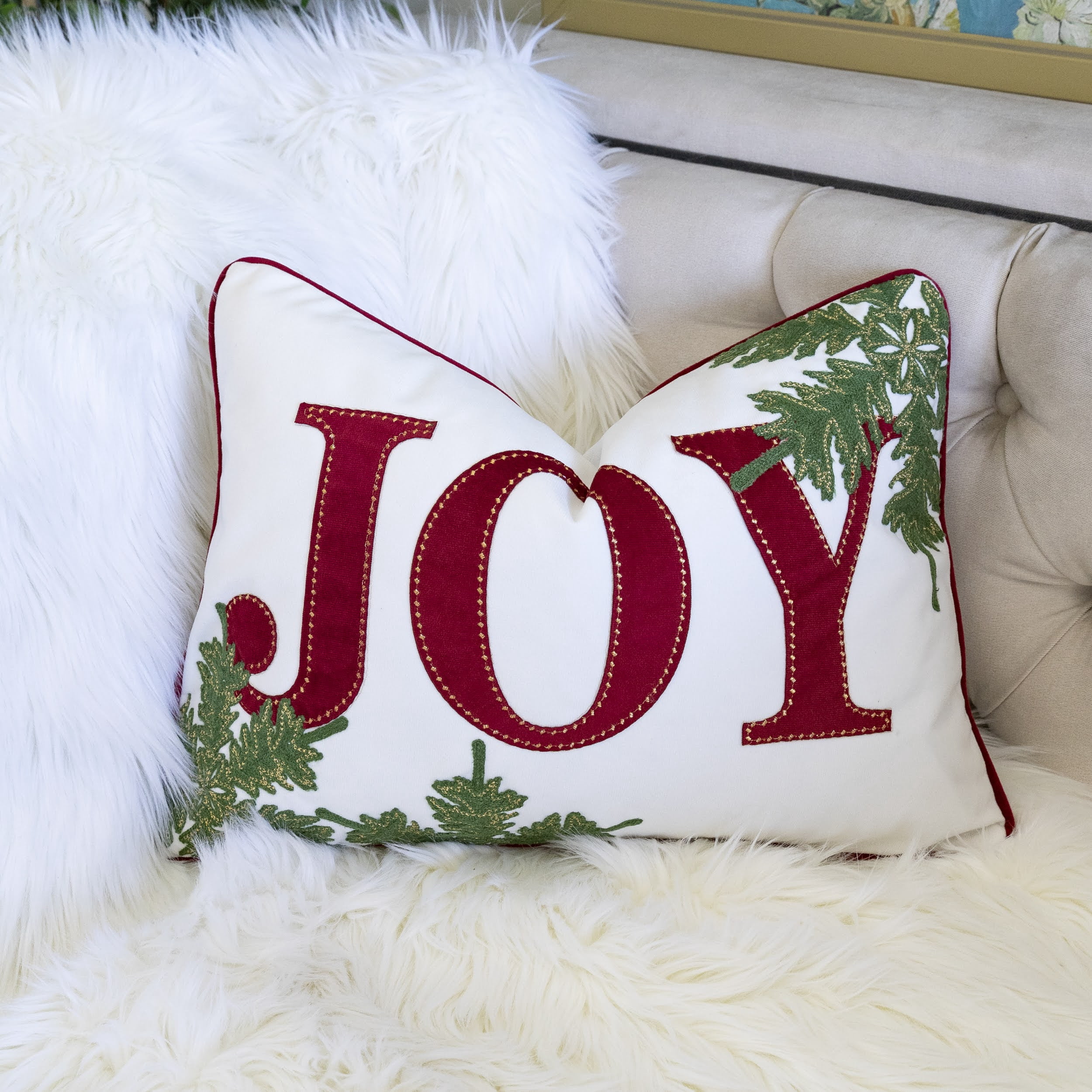 Joy Embroidered Velvet Throw Pillow with Gold Stitching Green Foliage 14x20 Inch Holiday Decor