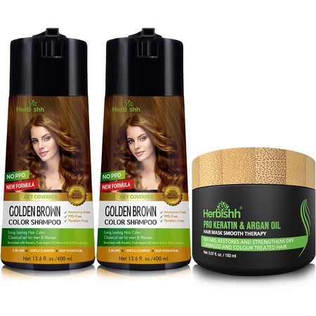 Herbishh Ultimate Combo Hair Color Shampoo Golden Brown 400ml Pack of 2 for Gray Hair + Argan Hair Mask 150gm for Conditioning & Hydration | Shampoo Para te????ir el cabello | Long Lasting & DIY