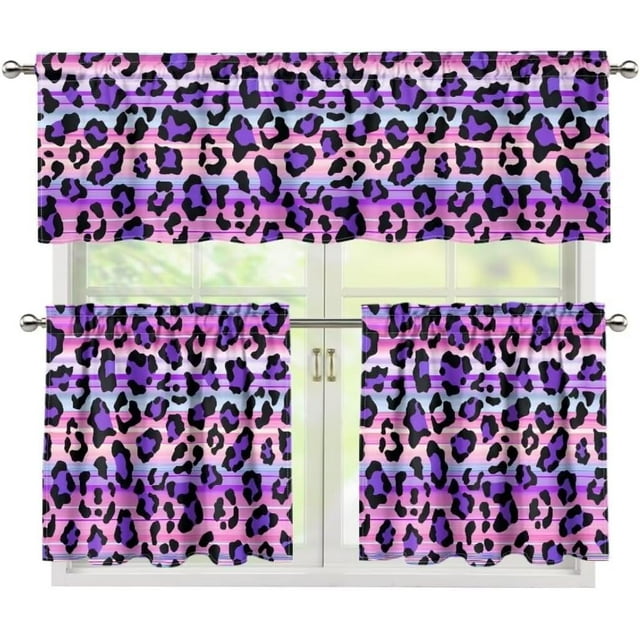 3 Piece Kitchen Window Curtain Panel Tiers and Valance Set Rod Pocket Darkening Curtains Light Filtering Energy Efficient Curtain Set Purple Leopard
