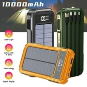 Portable Charger 10000mAh, Fast Charging Solar Power Bank with 4 Built-in Cables, 15W Qi Wireless Solar Charger, External Battery Pack with Laser Light for iPhone, Samsung etc