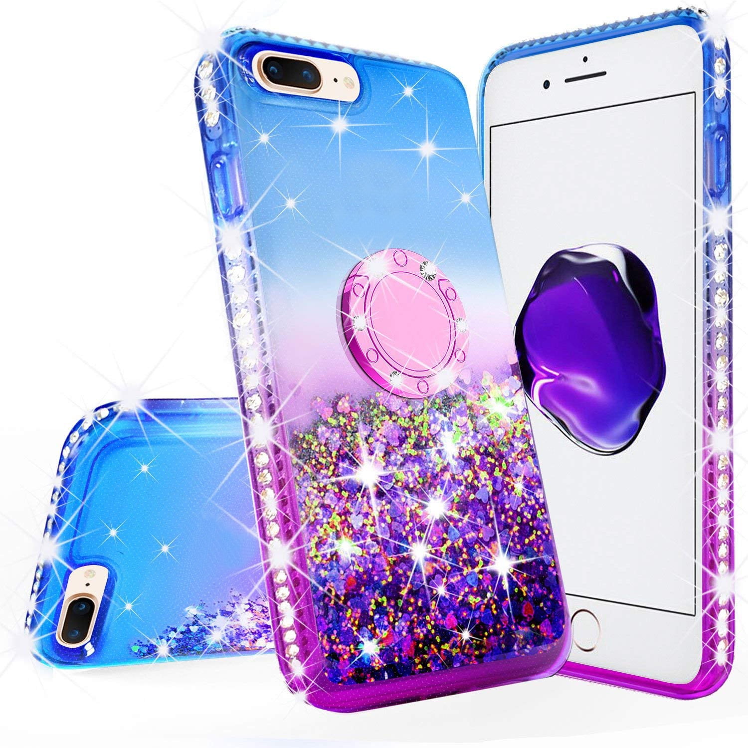 Sparkling Blue Glitter Waterfall Protective Phone Case with Rotating
