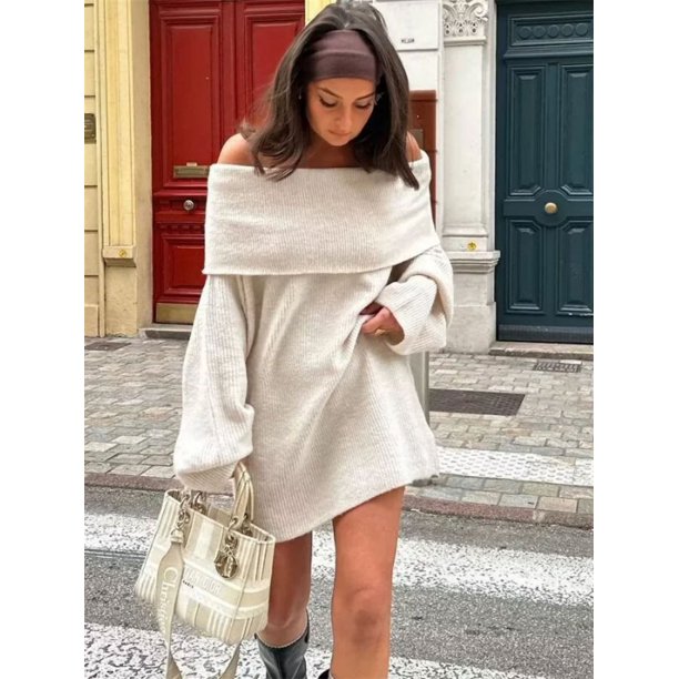 Suéter de punto con hombros descubiertos para mujer, jersey de moda ajustado, elegante, de calle alta, holgado, con retazos, top de punto para mujer