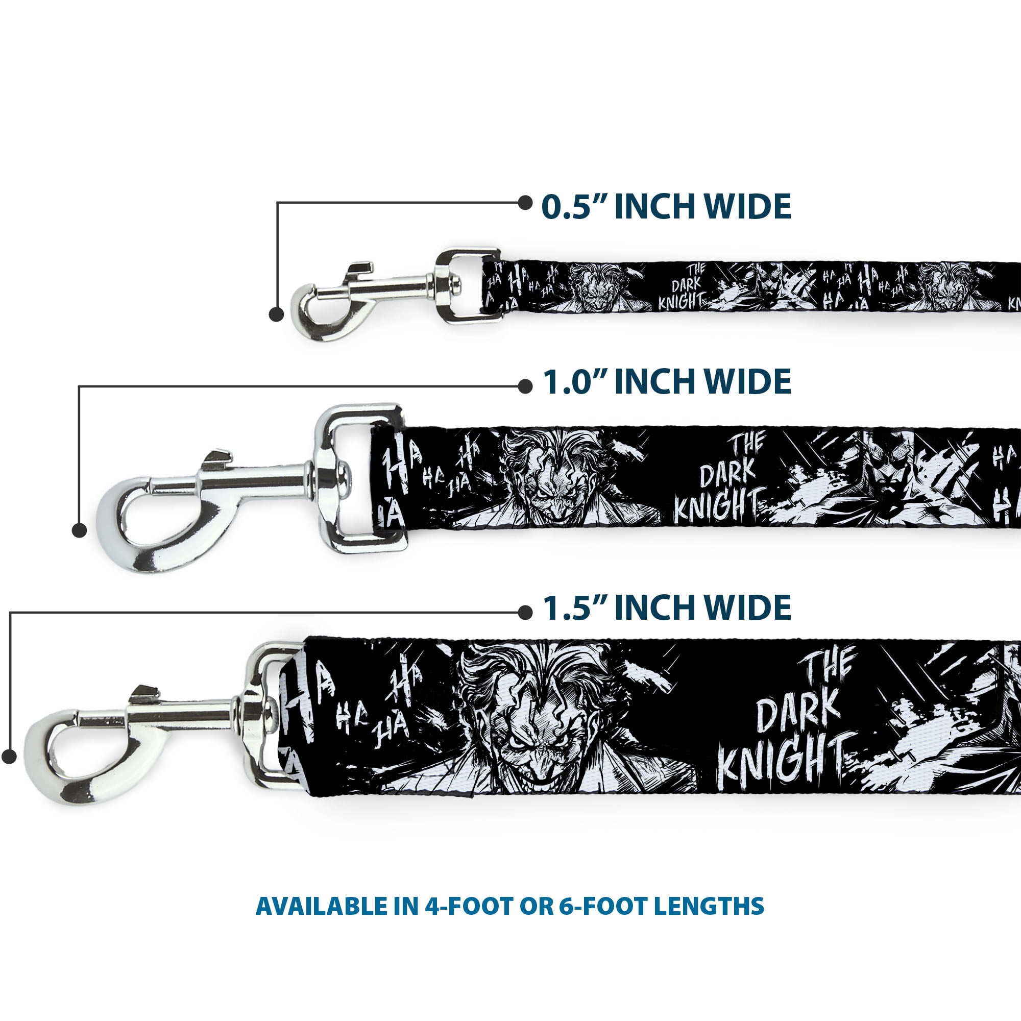 DC Comics Pet Leash, Dog Leash, Batman The Dark Knight and Joker Smiling Close Up Black, 6 Feet Long 1.0 Inch Wide