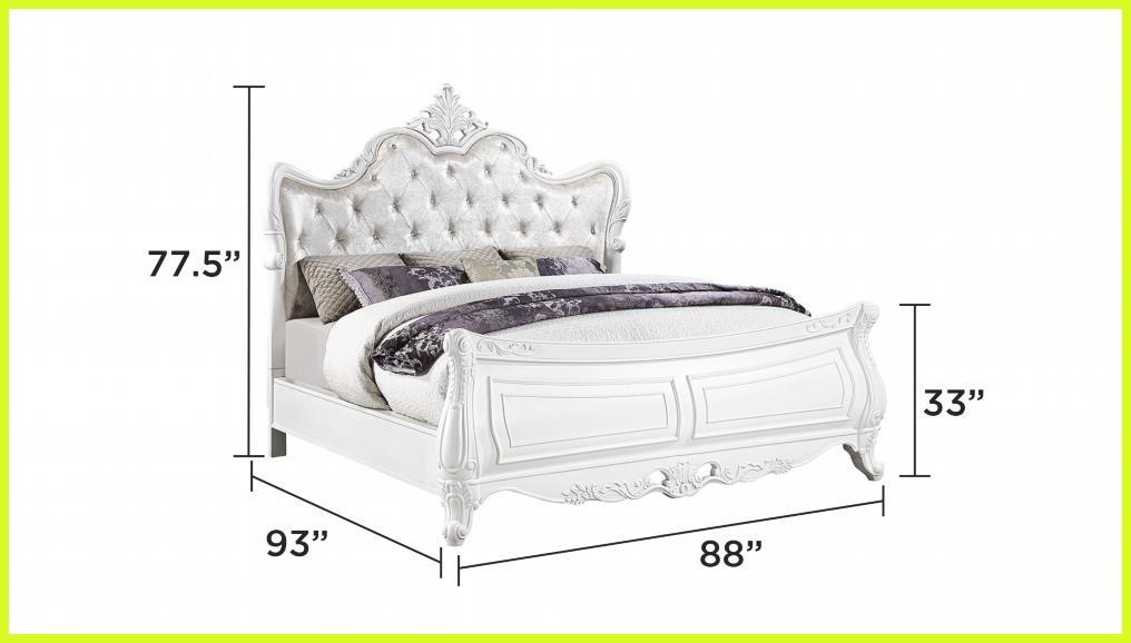 King Size Solid Wood Bed Frame with Tufted Velvet Headboard & Ornate Carvings Pearl White for Master Bedroom