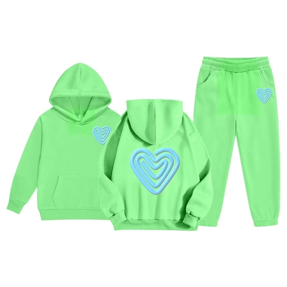 Girls' Long Sleeve Pant Sets - Girls Casual Print Hoodie And Pants Fashionable Two Piece Outfit For Kids Comfortable Athleisure (Green,4-5 Years)