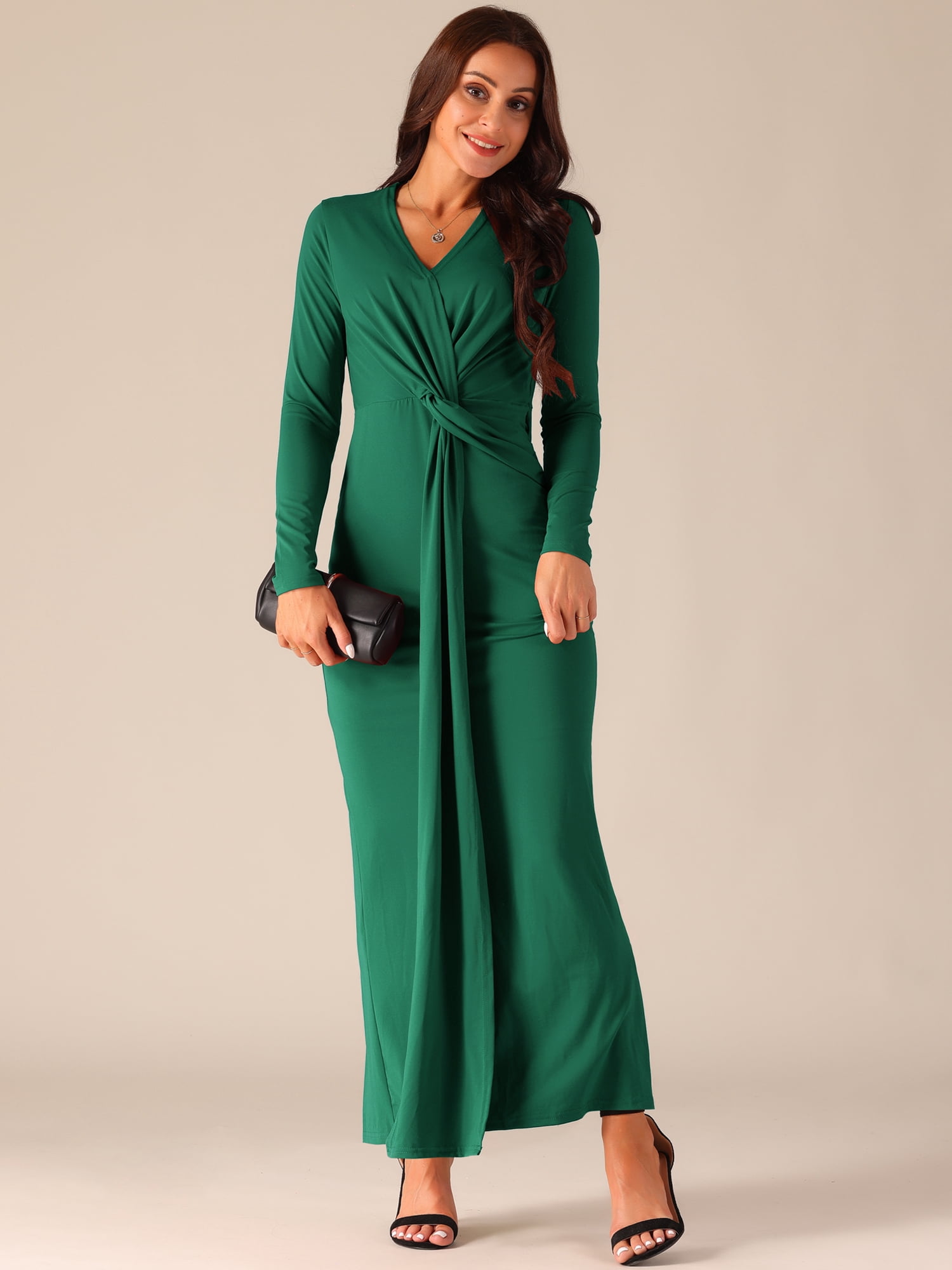 DARING DIVA Long Sleeve V Neck Wrap Split Hem Bodycon Cocktail Dress S Deep Green