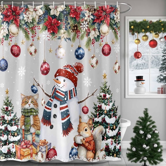 Christmas Shower Curtain Snowman Shower Curtains for Bathroom Winter Holiday Xmas Decor, Waterproof Polyester Shower Curtain Set with Hooks, Extra Long 72" x 96" Christmas Balls Tree Animals Gray