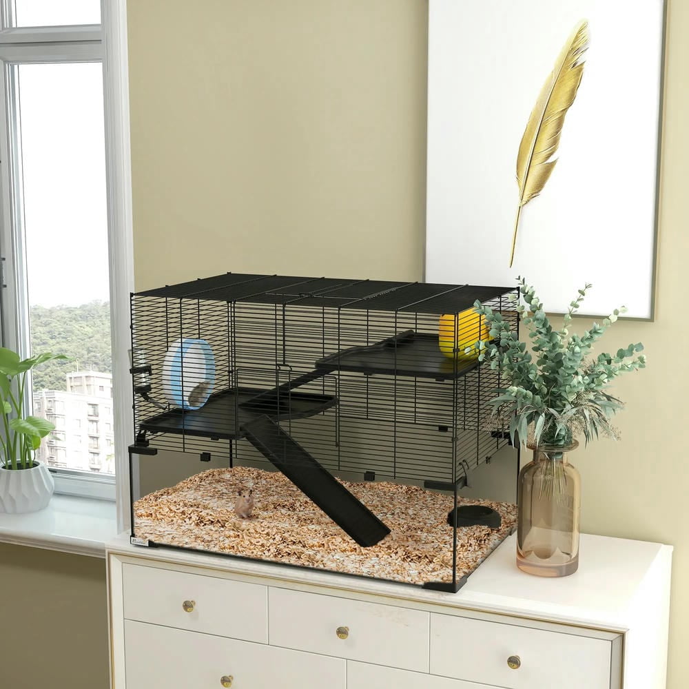 GVN Hamster Cage, Small Hamster Habitat,31" Hamster Cage, Gerbil Cage with Glass Basin for Small Hamsters, Black