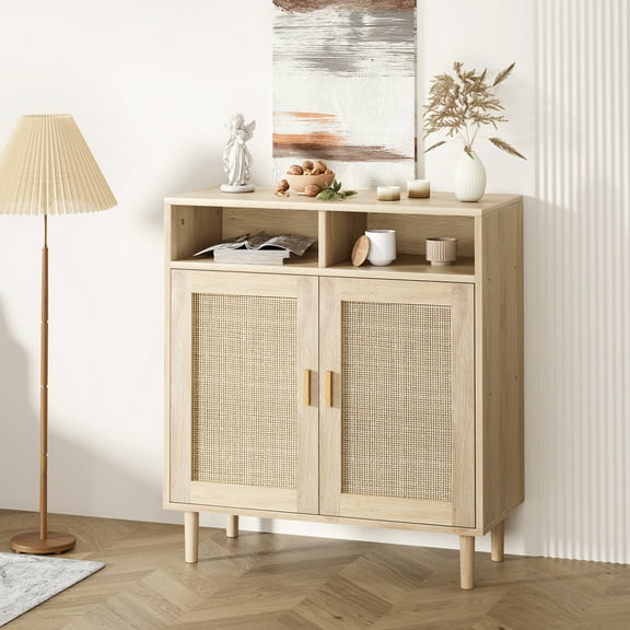 COZONY 1 piece Natural Rattan Sideboard w/ 2 Doors and 2 Adjustable Shelves, Rustic Modern Multifunctional Cabinet for Kitchen & Dining Room