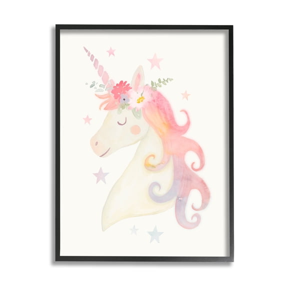 Stupell Industries Charming Unicorn Smiling Flower Crown Stars Design Graphic Art Black Framed Art Print Wall Art, Design by Victoria Barnes