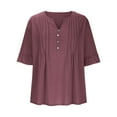 thumbnail image 4 of MIXUE Boho Tops For Women Summer Solid Color V Neck Button Short Sleeve Fashion Loose Casual Pleated Tshirts Outwear,Purple,L, 4 of 6