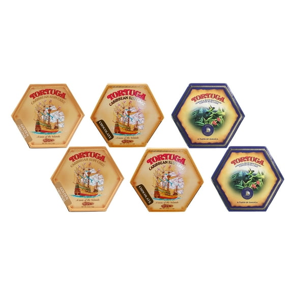 Tortuga Caribbean Rum Cake 4 oz Golden Original, Blue Mountain Coffee, Chocolate 6 PACK