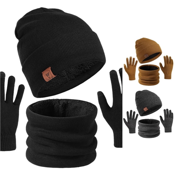 HNMKIU Women Men Autumn Winter Warm Cute Wool Hat Scarf Slouchy Three Knit Cap Screen Mittens Scarves Sets Black - One Size