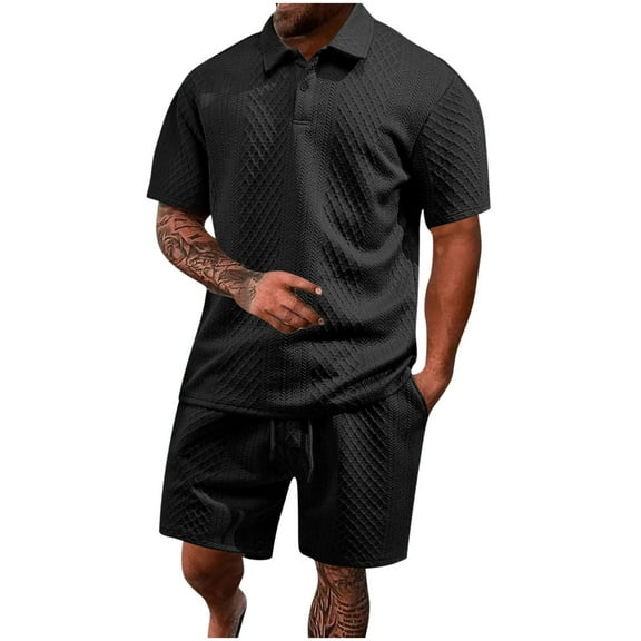 Mrmaere Men's Collared Button Up Shirt and Shorts Set Short Sleeve 2 Piece Wrinkle Resistant for Office Casual Black L