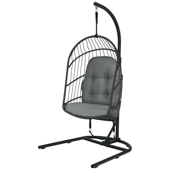 Gymax Hanging Hammock Patio Rattan Swing Egg Chair w/ Stand & Gray Cushions