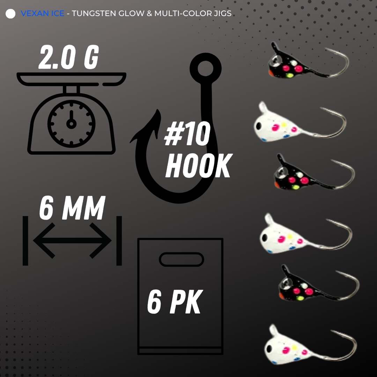 Vexan 6-Pack Tungsten Ice Fishing Jigs Glow Black & White Wonderbread (2g, 6mm, #10 Hook)