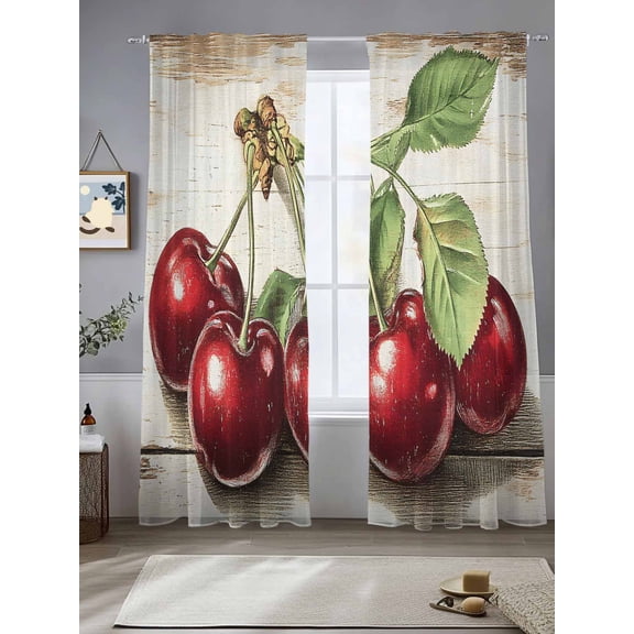 Red Cherry Sheer Curtains for Living Room Bedroom Vintage Summer Botanical Wooden Sheer Curtains 84 Inch Long 2 Panels Set Light Filtering Curtain Window Treatments Drapes for Dining Room