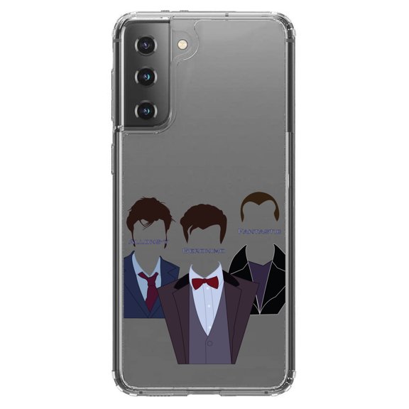 DistinctInk Clear Shockproof Hybrid Case for Galaxy S21 5G (6.2" Screen) - TPU Bumper, Acrylic Back, Tempered Glass Screen Protector - Catchphrases of the Doctors