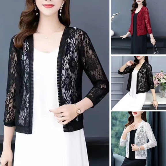 Joernso Women Lace Cardigan Open Front 3/4 Sleeves Flower Pattern Solid Color Sheer Sun Protection Breathable Ladies Summer Short Top Cover Up Streetwear