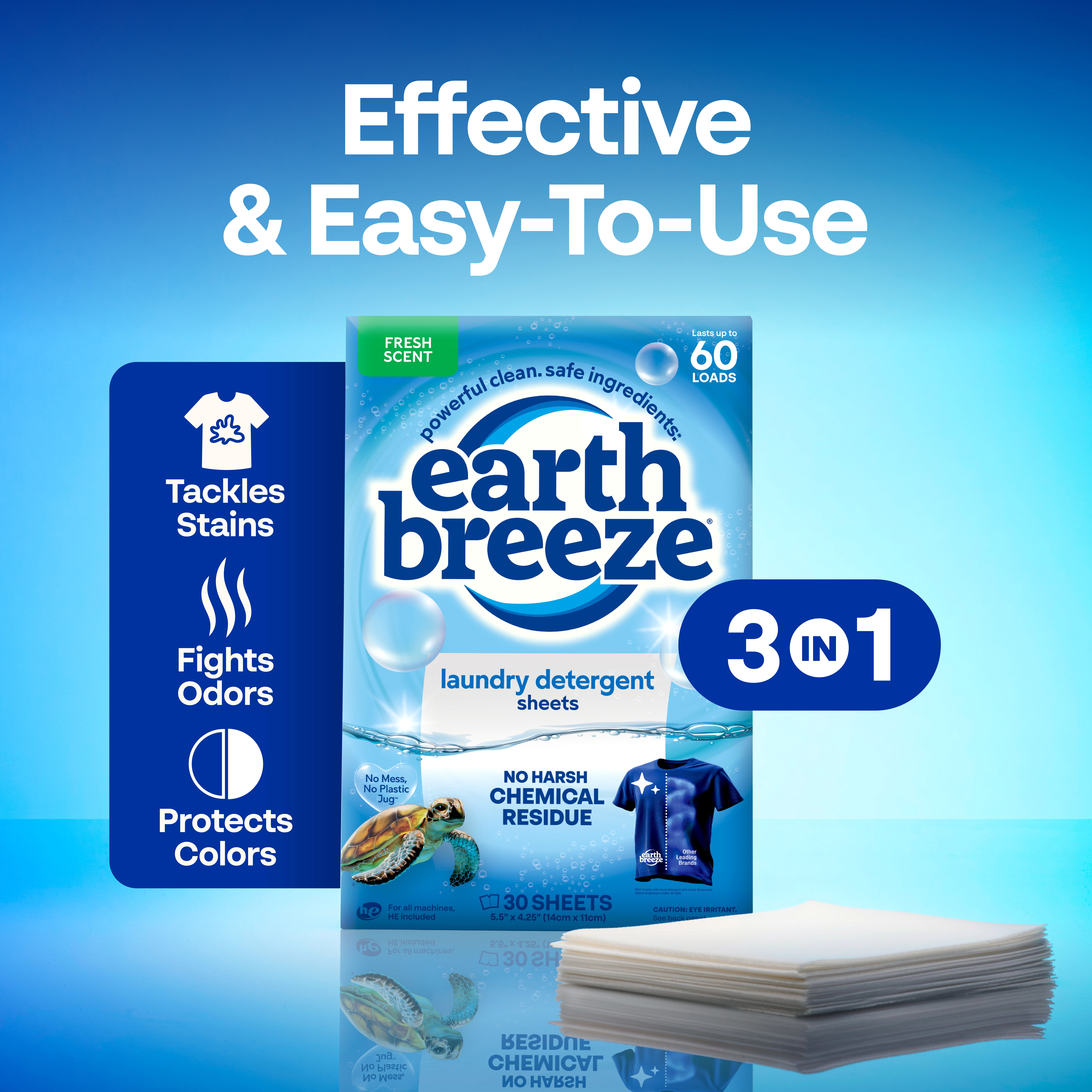Earth Breeze Hypoallergenic Laundry Detergent Sheets, Fresh Scent, Odor Fighting, 60 Loads