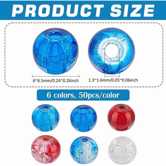 300pcs 6mm 4th of July Glass Beads for Bracelet 6 Styles Red White Blue Beads Crackle Loose Bead Patriotic Bead for Independence Day Necklace Earring DIY Jewelry Crafts Making
