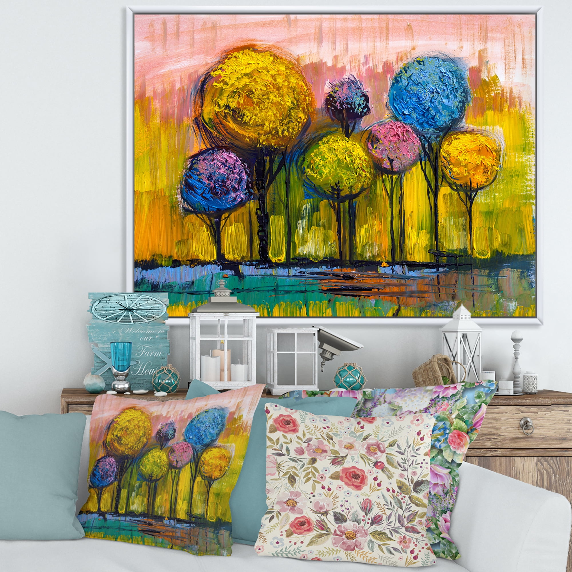 Designart 'Colourful Landscape Trees Impressionist IV' Modern Framed Canvas Wall Art Print