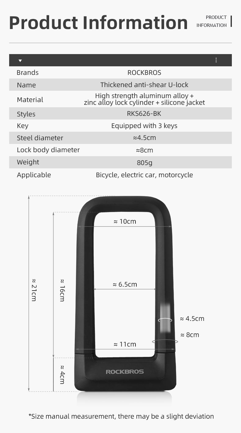 ROCKBROS U Bicycle Locks,Black Silicone Rubber,Key Lock - 22.5mm Thick Steel with 1.2M Cable