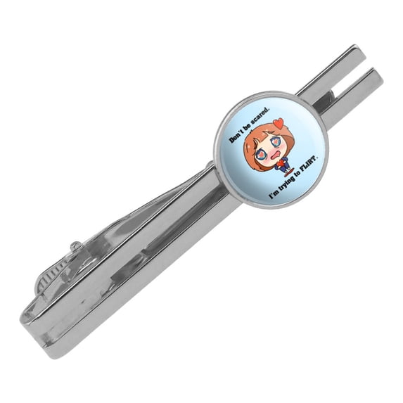 Don't Be Scared I'm Trying to Flirt Kawaii Chibi Heart Round Tie Bar Clip Clasp Tack Silver Color Plated