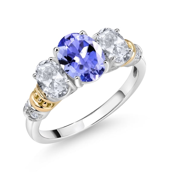 Gem Stone King 925 Sterling Silver and 10K Yellow Gold Oval Blue Tanzanite White Topaz and White Diamond 3 Stone Ring for Women (2.39 Cttw, Gemstone December Birthstone, Size 8)