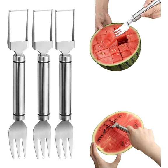 3 Pcs 2-In-1 Watermelon Fork Slicer Cutter, Watermelon Slicer Cutter, Dual Head Stainless Steel Fruit Forks Slicer Knife for Parties Camping