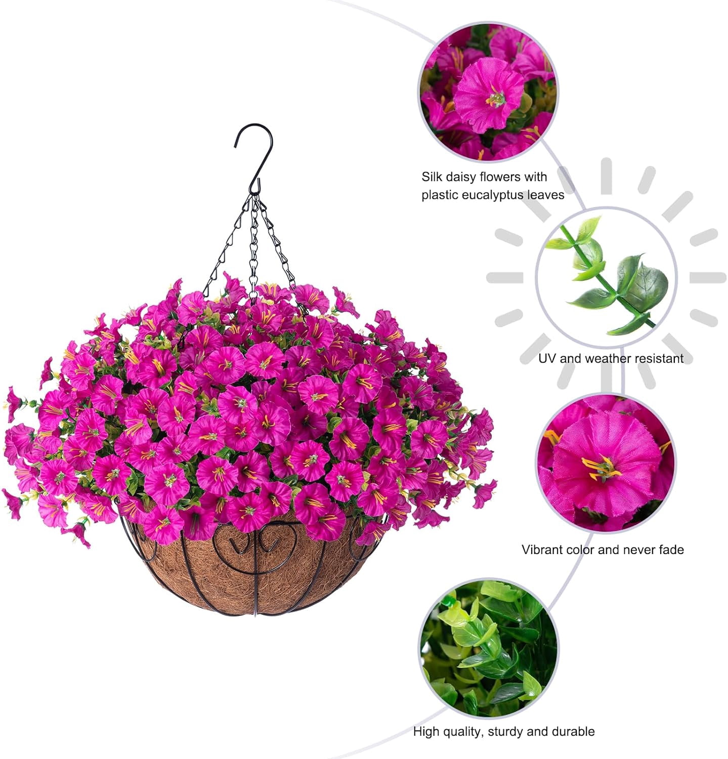 Artificial Fake Hanging Plants Flowers Basket for Outdoor Spring Summer Decoration, Faux Silk UV Sun Resistant Look Real Morning Glory Eucalyptus Fuchsia for Outside Porch Patio Balcony Home