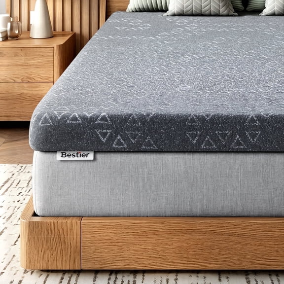 Queen Size 3 Inch Bamboo Charcoal Infused Memory Foam Mattress Topper | Bestier Upgraded Cooling Gel Bed Pad for Back Pain Relief | Ventilated, Moisture & Odor Control, Gray